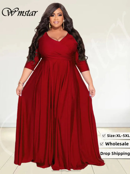 Wmstar Plus Size Party Dresses for Women Fall Clothes  V Neck Bandage Big Hem Elegant Party Maxi Dress Wholesale Dropshipping