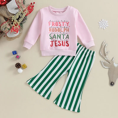 Toddler Girls 2 Piece Outfits Christmas Letter Print Long Sleeve Sweatshirt and Striped Elastic Flare Pants Cute Clothes
