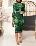 2025 Spring Summer Women 3PCS Crop Top & Shorts Set with Tropical Print Sheer Mesh Bodycon Dress Sexy Lady Three Piece Dress Set