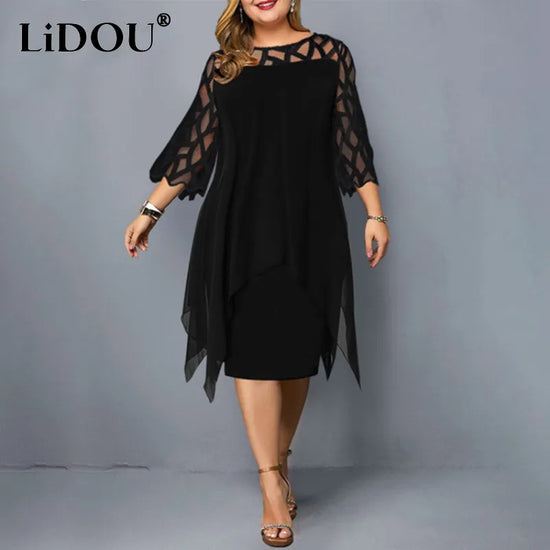 Nouveau Élégant Dentelle Maille Grande Taille Robes Femmes Sexy Évider Robe Oversize Lâche Décontracté Robes De Fiesta Robes Midi Femme