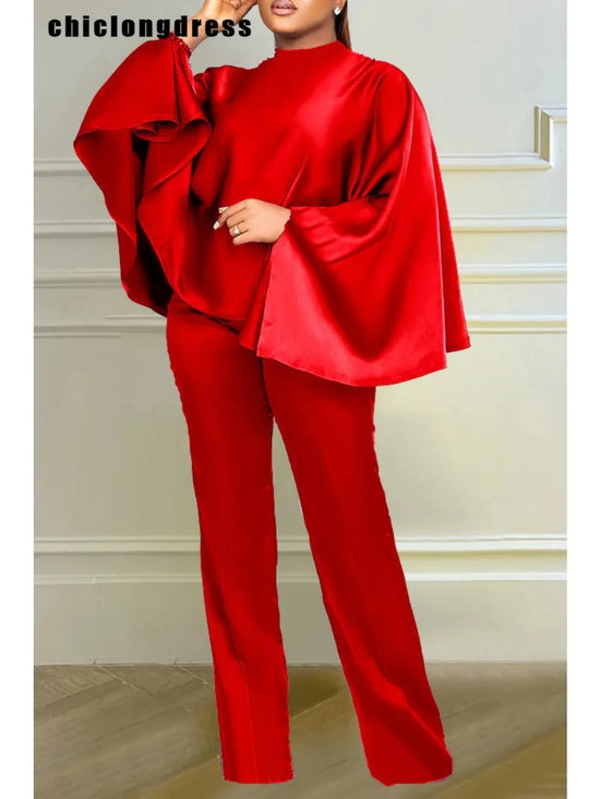 Winter Fashion Satin Two Piece Set African Women Elegant Solid  Loose Batwing Sleeves Top Wide Leg Pants Two Piece Set Women