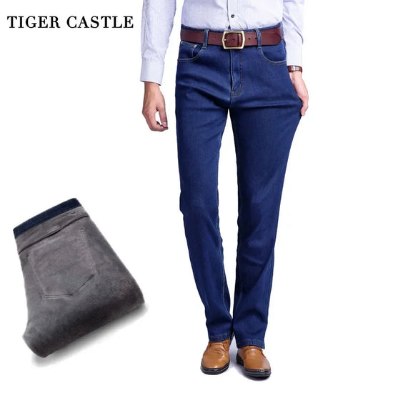 TIGER CASTLE Thick Men Winter Stretch Jeans Warm Fleece Male Classic Jeans Quality Male Black Denim Jean Pants Size 28-42