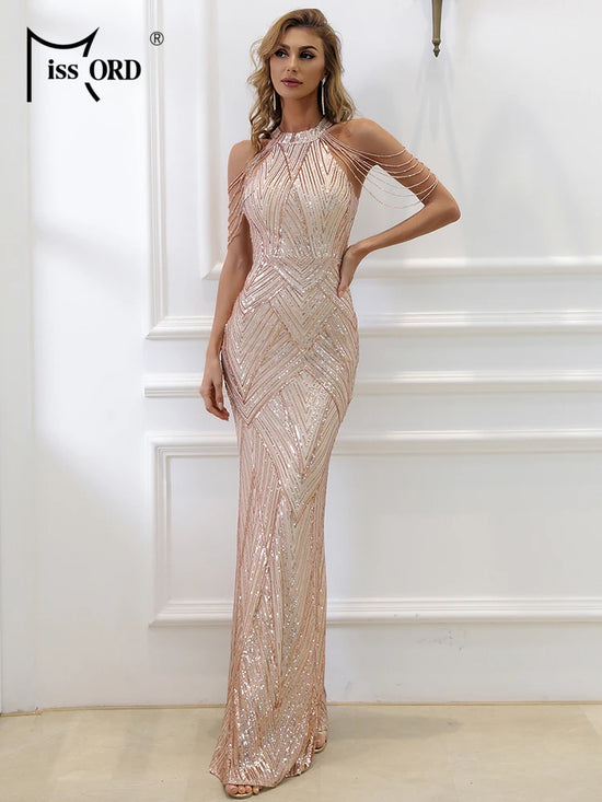 Missord Luxury Gold Mermaid Dress Women Halter Sleeveless Sequin Tassels Bodycon Wedding Party Prom Evening Dresses Long Gown