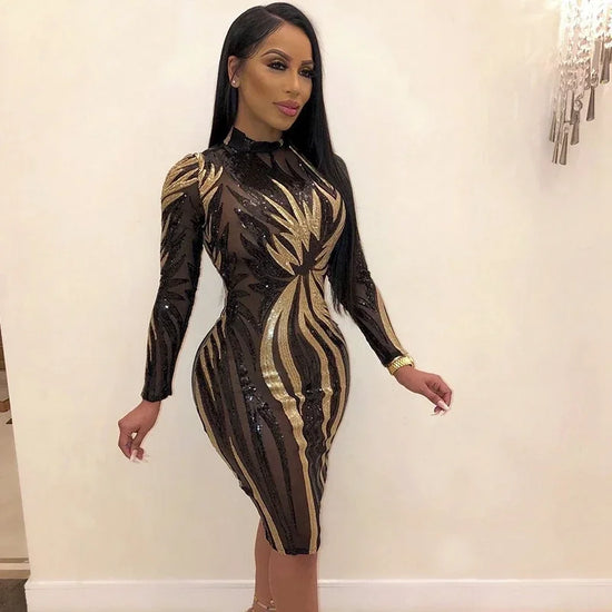 Luxury Sequin Party Dress Women Sparkle Sexy Club Dresses 2022 Autumn Winter Glitter Sheer Mesh Midi Bodycon Elegant Party Dress