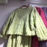 Autumn Winter Plush Sleepwear Women Cute Cartoon round Neck Coral Fleece Striped Embroidery Warm Home Clothes Cozy Set