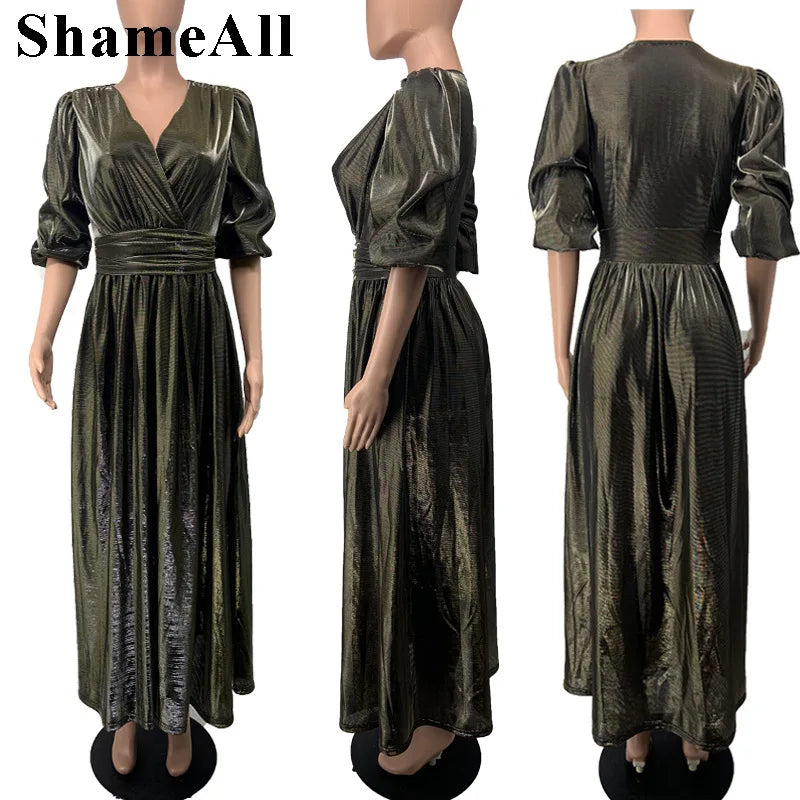 Women plus size Long Sleeve V Neck High Slit Maxi Prom Dress 3XL Metallic French Wrap Dresses Elegant Evening Party Robe Vestido