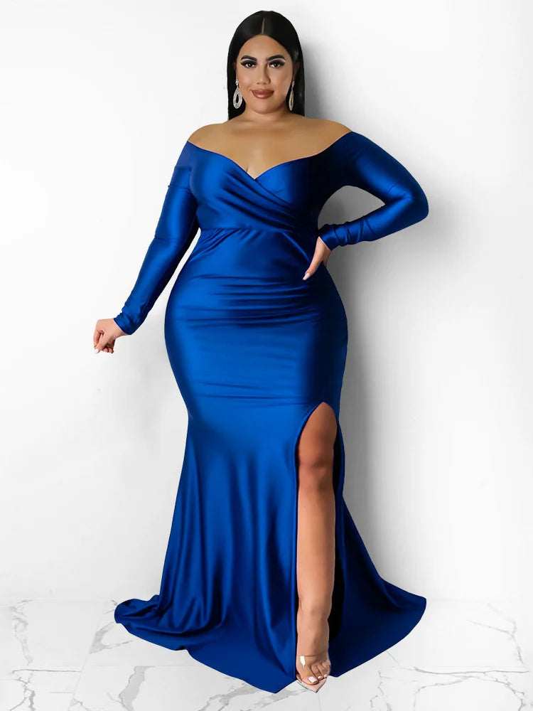 Wmstar Plus Size Party Dresses for Women Off Shoulder V Neck Slip Hem Elegant Birthday Outfit Maxi Dress Wholesale Dropshipping