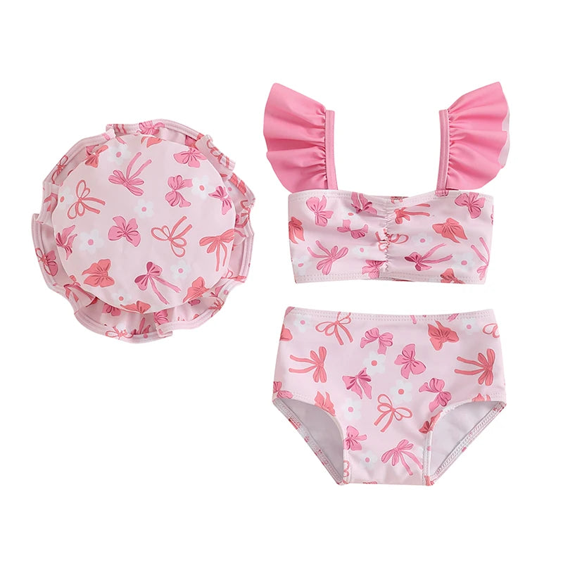 Toddler Baby Girl Bikini Set Swimsuit Bow Strawberry Print Tank Tops with Shorts and Hat Bathing Suit 3 Pcs Beachwear