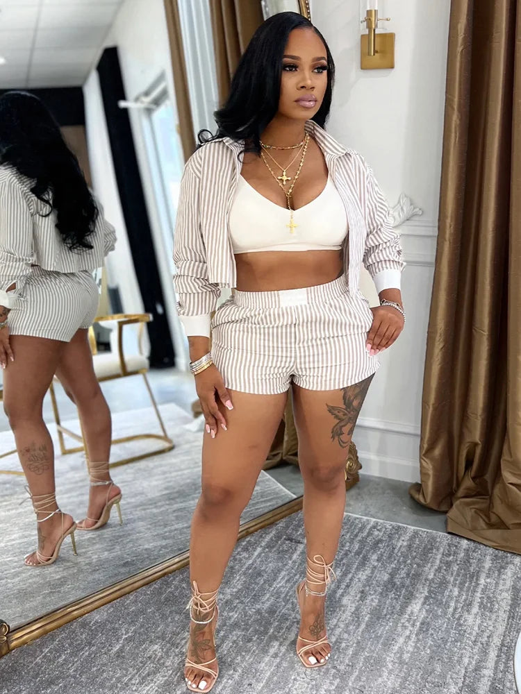 Beyprern Women's Red Striped Blouse Shirt Top And Matching Shorts Set Summer Tracksuits Set 2 Piece Outfits Workout Overalls