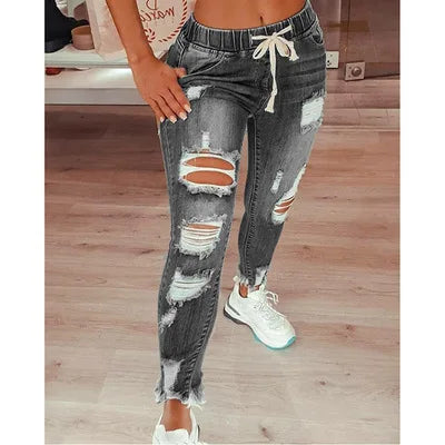 American New Fashion Women’s Slim Washed Solid Color Hole Patched Jeans Pants Casual Trendy High Street Denim Trousers Female