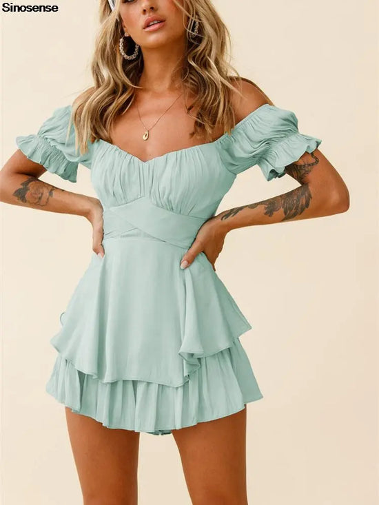 Women Summer Boho Beach Shorts Romper Sexy Zipper Tie Back Lantern Short Sleeve Ruffle Jumpsuit With Belt Casual Loose Playsuits