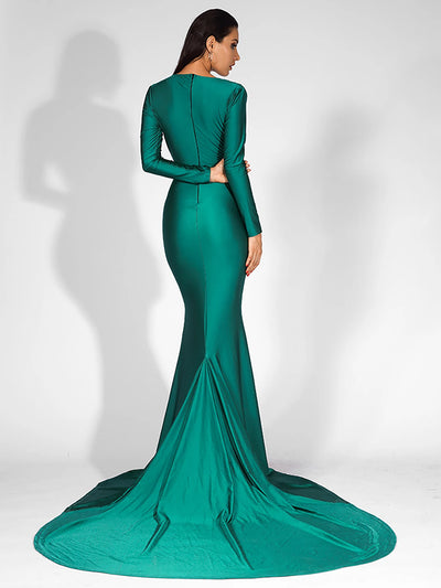 LOVE&LEMONADE  Sexy Green Deep V-Neck Slim Fit Elastic Fabric Trai Maxi Dress LM81535