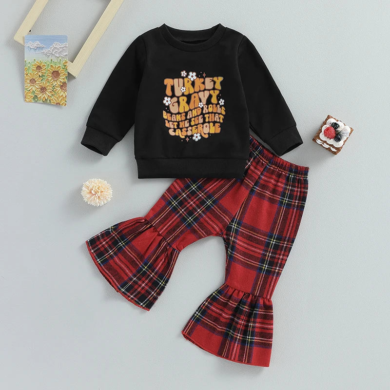 BeQeuewll Toddler Girls Cute Clothes Thanksgiving Letter Print Sweatshirt and Plaid Flare Pants Set 2 Piece Outfits For 0-3Y