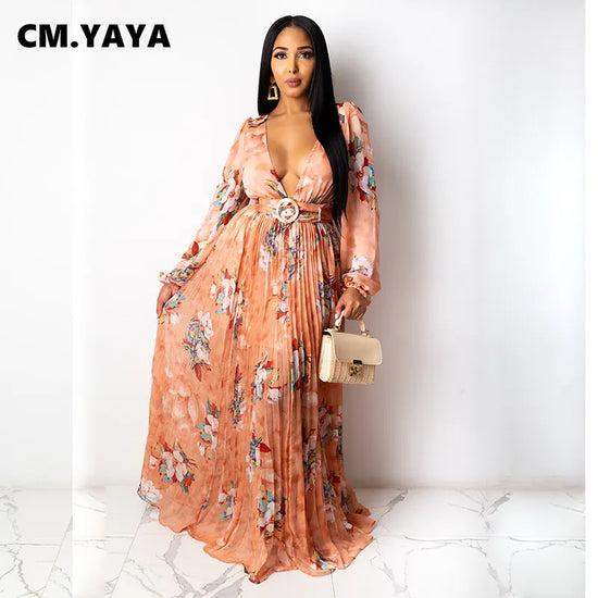 CM.YAYA Women Deep V-neck Chiffon Floral Print Long Sleeve Vintage Pleated Floor Length Maxi Dress Sexy Club Party Long Dresses