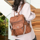 2025 Women's PU Leather Backpack Waterproof Anti-theft Large Capacity Tassel Detail Retro Travel Business College Shoulder Bag
