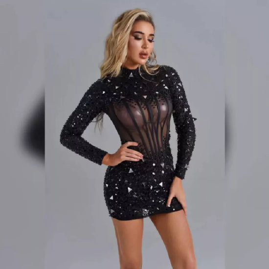 2022 Newest Design Sequined Beaded Black Long Sleeves See Through Formal Evening Gowns Party Middle East Women Dress Vestidos