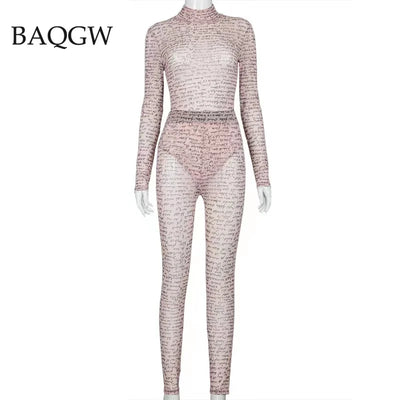 Autum Sexy See Through Mesh Sheer Two Piece Outfits Casual Long Sleeve Bodysuit + Leggings Sweatsuit Party Club Skinny Outfits