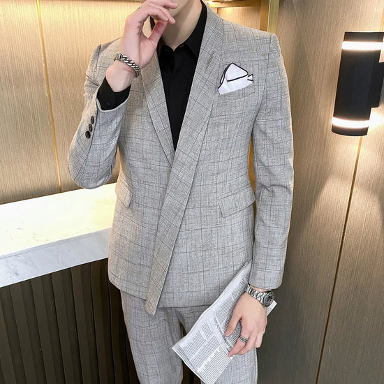 Blazer asimétrico para hombre, traje de celosía personalizado de alta calidad, vestido de boda, traje de esmoquin de dos piezas para fumar, primavera 2021