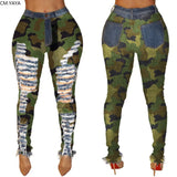 2019 New Autumn Winter Female Denim Pants Women Skinny Hole Spliced Camouflage Print Jeans Sexy Pencil Bandage Trousers