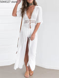 2025 Summer Bikini Cover-ups Women Bohemian Beach Long Dress Short Sleeve Lace Hollow Out Cardigan Swimwear Cover Ups Beachwear