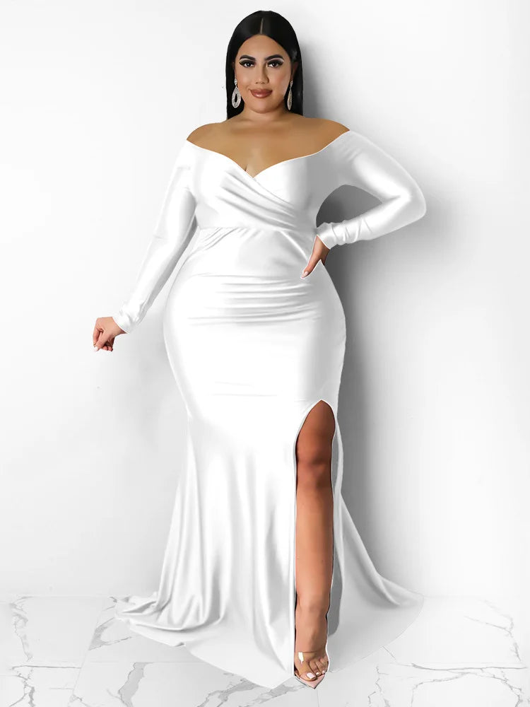 Wmstar Plus Size Party Dresses for Women Off Shoulder V Neck Slip Hem Elegant Birthday Outfit Maxi Dress Wholesale Dropshipping