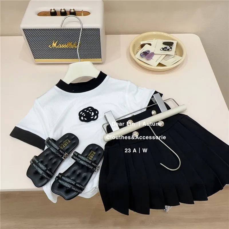 2023 Korea Kids Girls Summer Fashion Skirt Sets Baby Girls Cute Floral Short Sleeve + Pleated Skirt 2-piece Suit Casual Wear