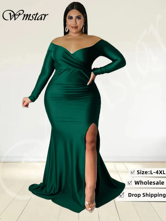 Wmstar Plus Size Party Dresses for Women Off Shoulder V Neck Slip Hem Elegant Birthday Outfit Maxi Dress Wholesale Dropshipping