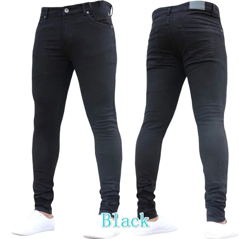 2024 Solid Color Fashion Men Casual Pants Stretch Jeans Skinny Work Trousers Male Wash Slim Fit for Zippered Jeans Men Clothing