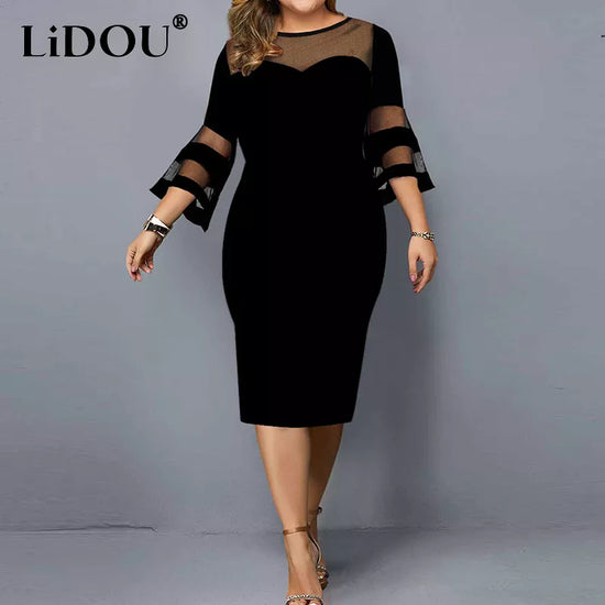 Spring Summer Elegant Fashion Lace Patchwork Plus Size Dresses Women Sexy Mesh Evening Party Vestidos Solid Bodycon Robe Femme