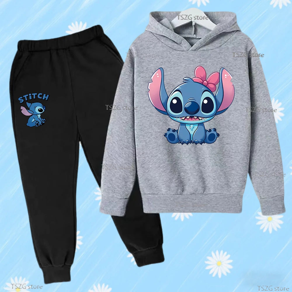 Autumn Disney Stitch Cartoon Print Children's Set Hoodies +Pants Suit Boy Girl Clothes Casual Kid Sport Hooded Tracksuits 3-12y