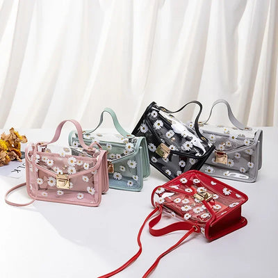 2024 Fashion Women Transparent Daisy Pattern Shoulder Bag Hardware Chain Strap Color Block Messenger Handbag Composite Tote