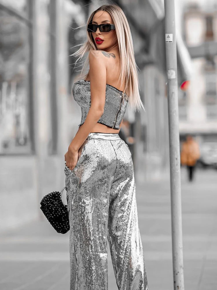 VC Silver Sequins Two Pieces Set Women Sexy Sleeveless Celebrity Party Club Outfit Strapless Crop Tops Trousers Suit
