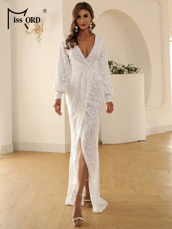 Missord White Long Evening Dresses Women Sexy Deep V Neck Lantern Sleeve Thigh Split Maxi Party Prom Dress Elegant Bodycon Gown