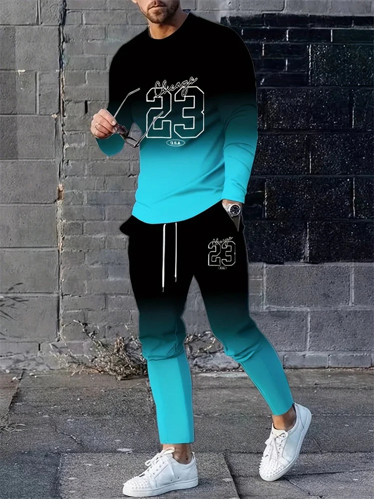 2025 Color-coded Letter Print Men's Suit Urban Street Trend Outdoor Casual Fashion Round Neck Long Sleeve T-shirt And Pants Suit
