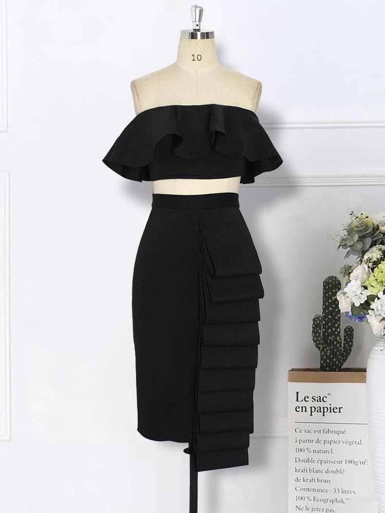 Women Party Two Piece Set Crop Tops Ruffles with High Waist Pencil Skirt Evening Classy Celebrate Occasion Event Set Summer New