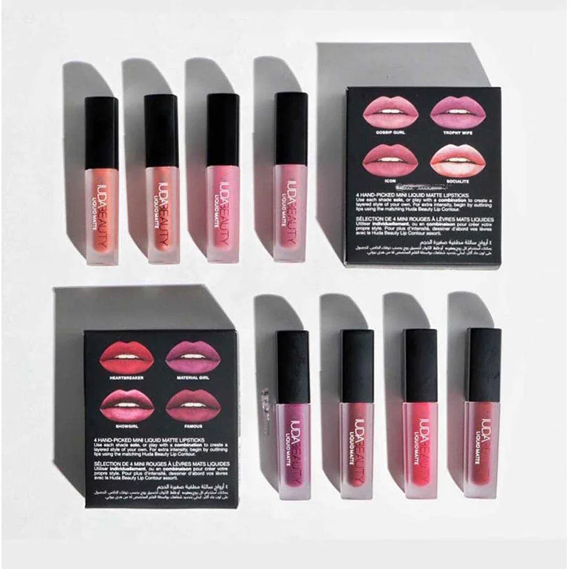 Huda Beauty 3g 4pcs Matte Lip Gloss Set Waterproof Lip Glaze Tint Non-stick Non-Fading Lipstick Lip Makeup Cosmetic Lip Care