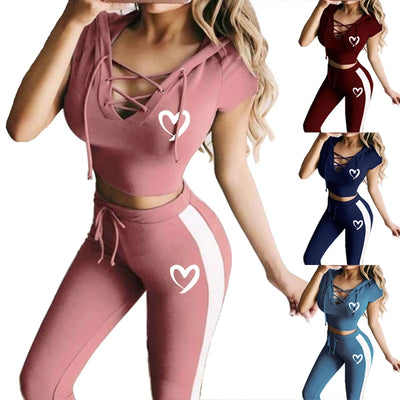 Women Sexy Yoga Suit Casual Tracksuits 2 Pieces Sports Outfits Short Sleeve Tops Slim Fit Long Pants Sweatsuits Jogging Suit