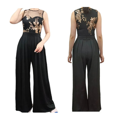 Ladies Jumpsuit See-through Lace Flower Embroidery Women Jumpsuit Sleeveless Round Neck High Waist Long Jumpsuit