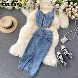 CM.YAYA Women Denim Sets Sleeveless Strap Crop Top and Long Skirts Suits 2024 Summer Jeans Streetwear Two 2 Piece Sets Outfits