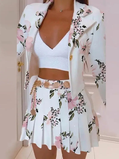 Women Summer Print Skirt Two Piece Set Female Office Slim Fit Folds Skirt Outfits Casual Loose Pleated Party Skirt Matching Suit