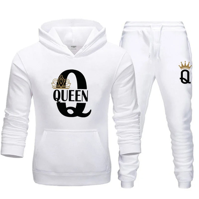 2024 New Autumn and Winter Men's and Women's Sweater Set KING QUEEN Loose Relaxed Hooded Print Couple Set