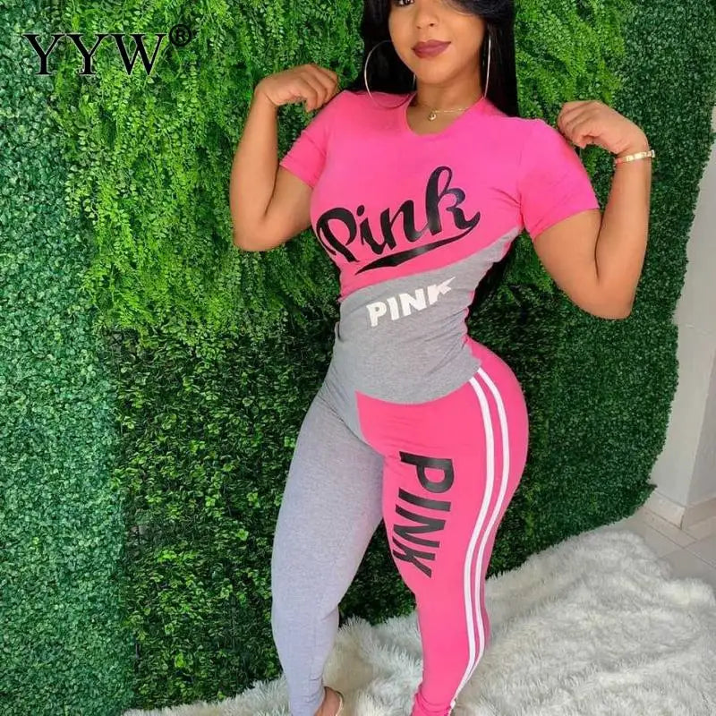 2022 Summer Women Casual Pink Letter Print Sweatsuit 2 Piece Sets Tracksuits Set Top And Skinny Pants 2 PCS Suit 3XL Outfits