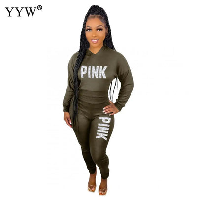 2022 Pink Letter Print Sporty Casual 2 Piece Sets Women Fall Spring Zip Sweatsuit Outfit Pockets Coat Sweatpants Tracksuit Suits