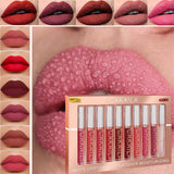 CAKAILA 10 pcs Matte Velvet Nude Lip Gloss Set Lipstick color showing waterproof non-stick liquid lipstick lip gloss