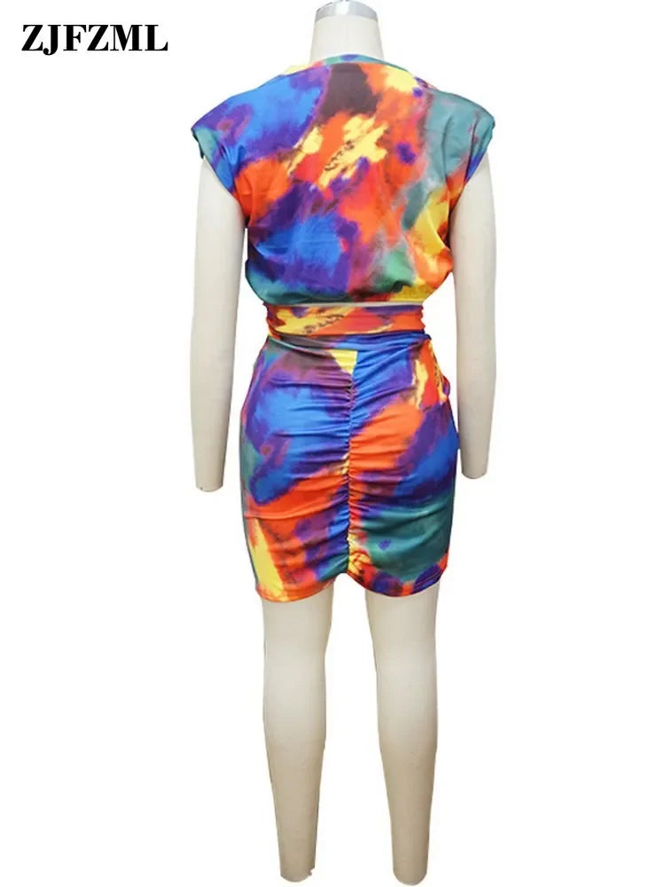 Sexy Colorful Tie Dye 2 Piece Sets for Female Sleeveless Tie Front Crop Top + Twist Waist Ruched Irregular Mini Skirt Outfits