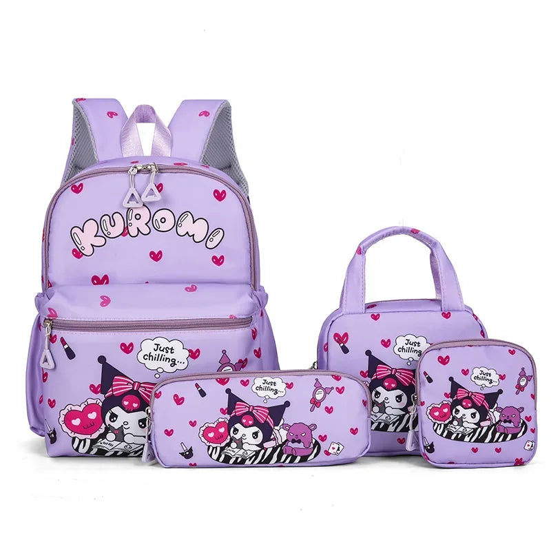 4pcs Kuromi Backpack, Pencil Case, Shoulder Bag, Wallet Set, Hello Kittys School Bag, Melodys Casual Outdoor Daypack