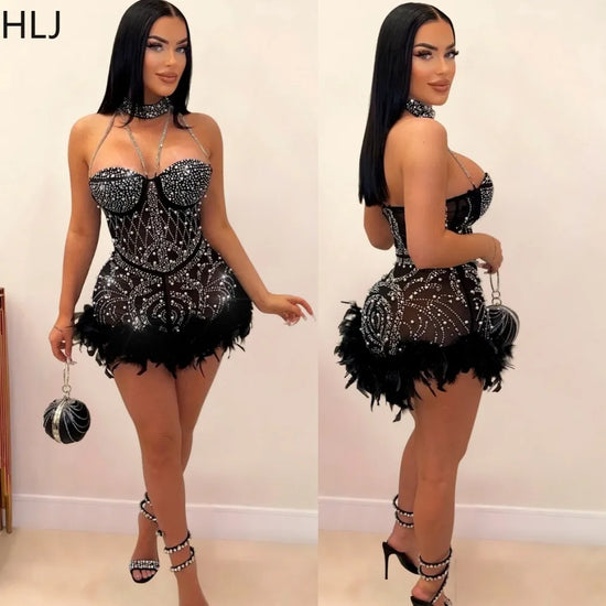 HLJ Luxury Pearls Rhinestone Beaded Prom Rompers Women Halter Chain Feathers Patchwork Jumpsuit Sexy Slim Birthday Party Overall