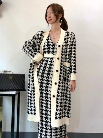 Autumn Winter Vintage Two Piece Sets Women Sexy V-neck Long Knitted Sweater Cardigan Houndstooth Vest Dress Outfits Woman Suits