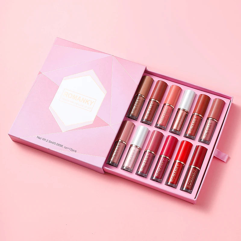 12 colors set  matte lip gloss, long-lasting smooth velvet texture for women's music festival make-up