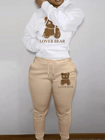 LW Lovely Bear Letter Print Kangaroo Pocket Tracksuit Set Long Sleeve Hoodie+Drawstring Trousers Women Two Pieces Matching Suits